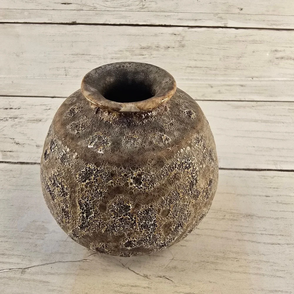 Studio Pottery Bud Vase Volcanic Lava Glaze Brown Earthy Textured Small 3.25in